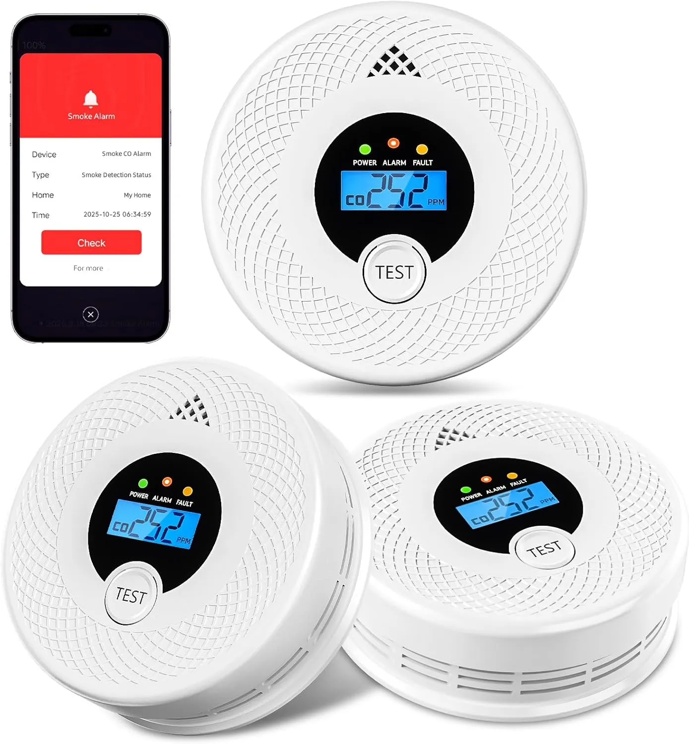 3-Pack Wi-Fi Smoke Detector Carbon Monoxide